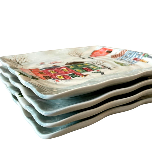 Maxcera Christmas Winter Village Salad Plates 8.5in Holiday Snow Set of 4 New - Picture 6 of 16